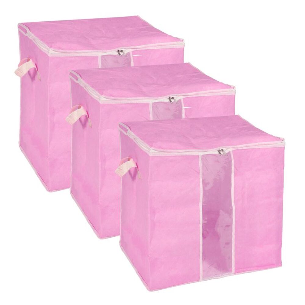 3pcs Clothes Comforters Storage Bag Folding Containers with Zipper Pink